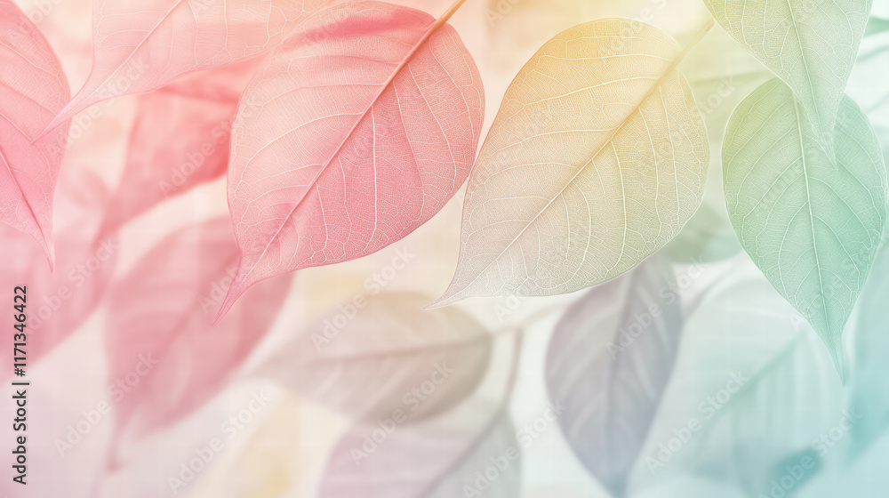 Poster soft pastel gradient leaves create serene background with ample space for text. delicate colors blen