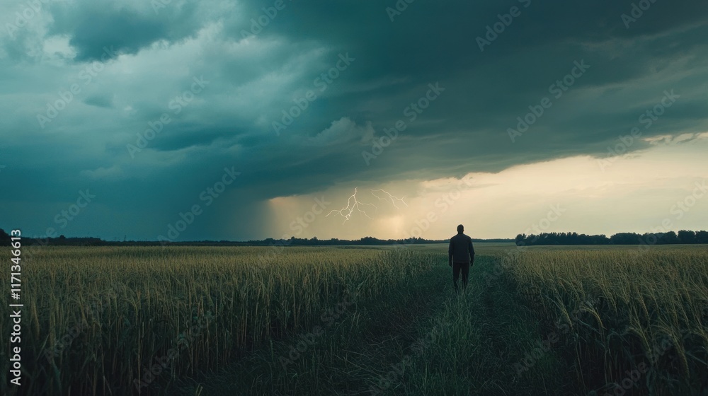 Aufkleber a lone figure walks through a field under a stormy sky with lightning in the distance.