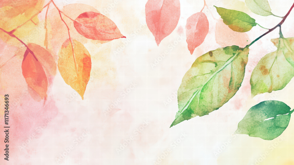 Poster watercolor leaves in soft hues create serene and inviting background, perfect for adding text or enh