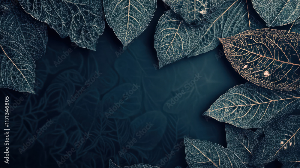 Poster intricate leaves with detailed patterns create serene backdrop, perfect for text placement. dark bac