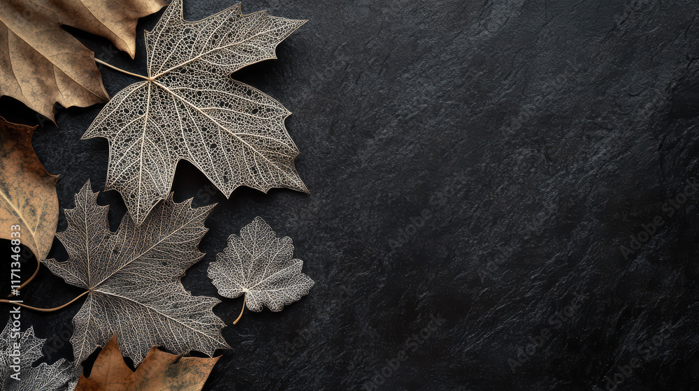 Poster intricate patterns of dried leaves on dark textured background, creating serene and natural atmosphe
