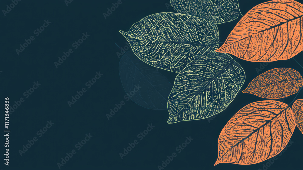Poster intricate leaves with detailed patterns on dark background, creating serene and artistic atmosphere.