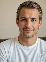 Obraz premium Retrato de hombre blanco sentado sonriendo usando una camiseta blanca casual en el interior de una habitación 