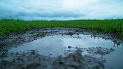 Fototapeta premium Vast Muddy Field with Large Puddle After Heavy Rain Under Cloudy Sky