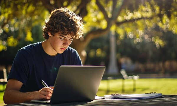 Person works on laptop outdoors with background trees