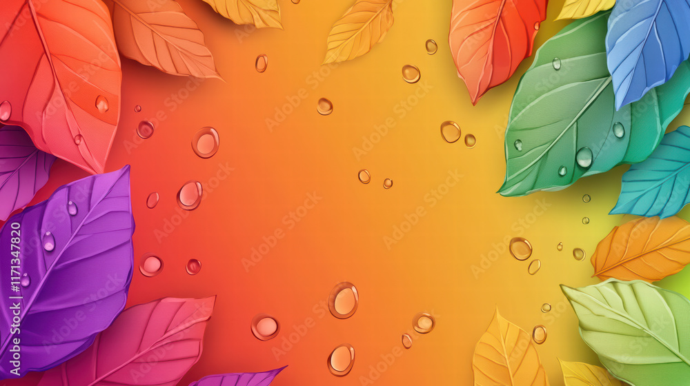 Poster vibrant leaves in various colors with raindrops create lively backdrop, perfect for adding text or g