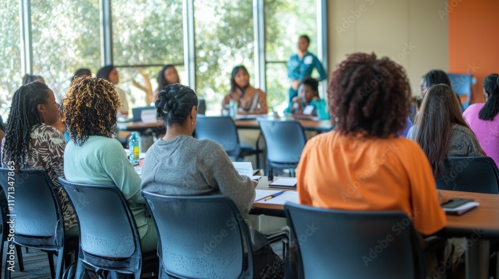 Poster a workshop setting where a career coach is addressing a group of job seekers.