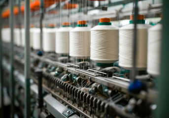 Spools of white thread lined up in a textile factory during a busy day of production