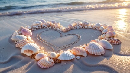Heart Made of Seashells and Pearls with Drawn Outline on Sandy Beach