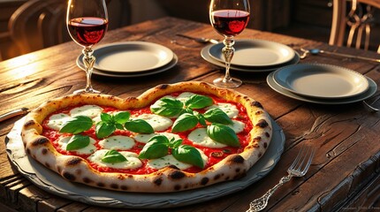  Heart-Shaped Pizza with Fresh Basil and Mozzarella, Romantic Dinner for Two
