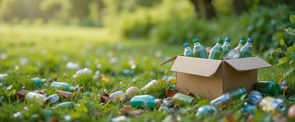 vibrant colorful lush environment greenery bokeh style Generate a detailed description of a scene based on the following information: A grassy field with a lot of trash, including bottles and a cardbo