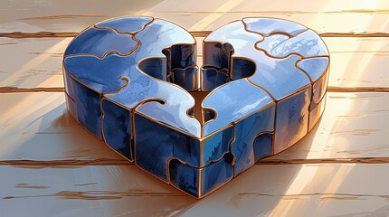 Metallic Heart Puzzle in Blue and Gold, Artistic Representation of Love
