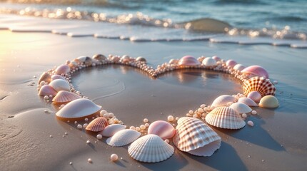 Heart Made of Seashells and Pearls on Sandy Beach at Sunset