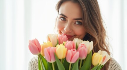 Smiling woman holding a bouquet of colorful tulips against a soft light background. Studio portrait with natural lighting