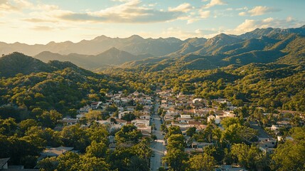 Obraz premium Aerial view of village nestled in mountains at sunset.