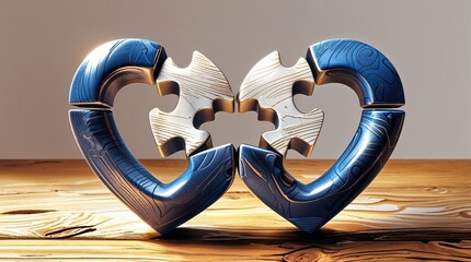 Interlocking Heart Puzzle Pieces in Blue and Gold, Symbolizing Unity