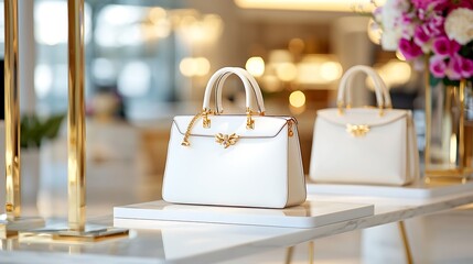 Two elegant white handbags displayed on a marble table in a luxury store.
