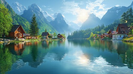 Fototapeta premium Picturesque alpine village nestled beside a calm lake reflecting majestic mountains under a sunny sky.