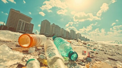 Waste Collection on a Busy Beach in Bright Sunlight