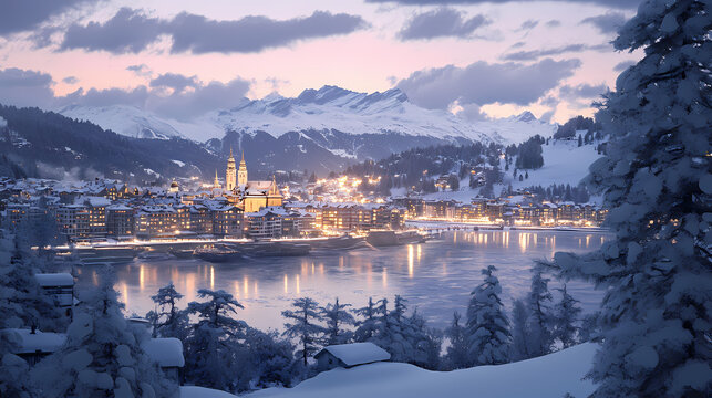 Fairy tale view of saint moritz on a snowy winter dusk. Twilit. Illustration