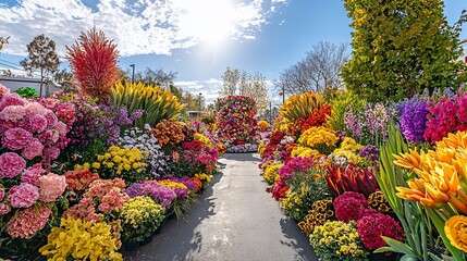Vibrant colorful flower market display with various blooms under sunny sky.