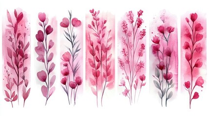 Fototapeta premium Watercolor floral set of eight pink and purple botanical illustrations.