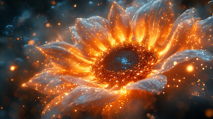 Glowing sunflower with fiery, sparkling petals and center.