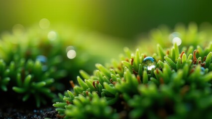 Close-Up View of Dew on Moss in Morning Sunlight

