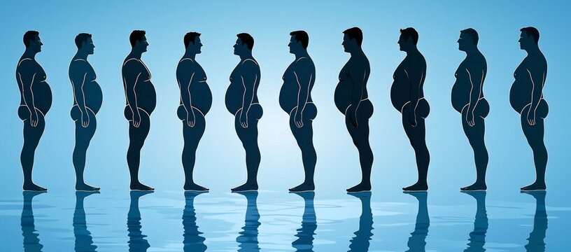 Weight gain progression shown in silhouettes of men, reflecting in water.