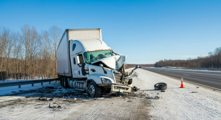 Truck accident on snowy highway causes obstruction and emergency response efforts