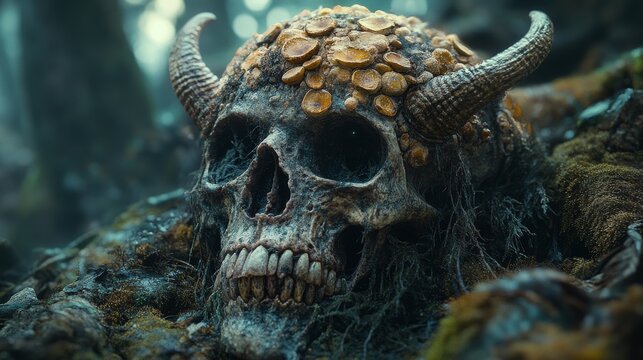 Decaying horned skull covered in mushrooms and moss in a dark forest. - Powered by Adobe