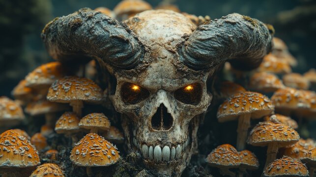 Glowing-eyed demonic skull with horns surrounded by mushrooms in a dark forest. - Powered by Adobe
