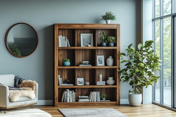 Fototapeta premium Elegant walnut bookcase with five shelves in modern living room, decorated with books, plants, vases, and framed pictures, complemented by a cozy armchair and round mirror.