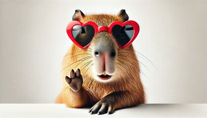 Quirky Capybara Rocks Stylish Red Heart Sunglasses in Playful Portrait