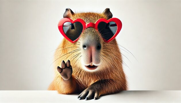 Quirky Capybara Rocks Stylish Red Heart Sunglasses in Playful Portrait - Powered by Adobe