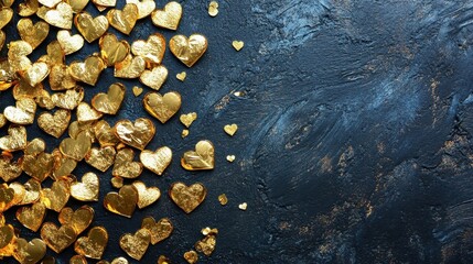 Fototapeta premium Shimmering gold hearts float gracefully across a sleek black canvas, creating a striking contrast that captures the essence of love and celebration.
