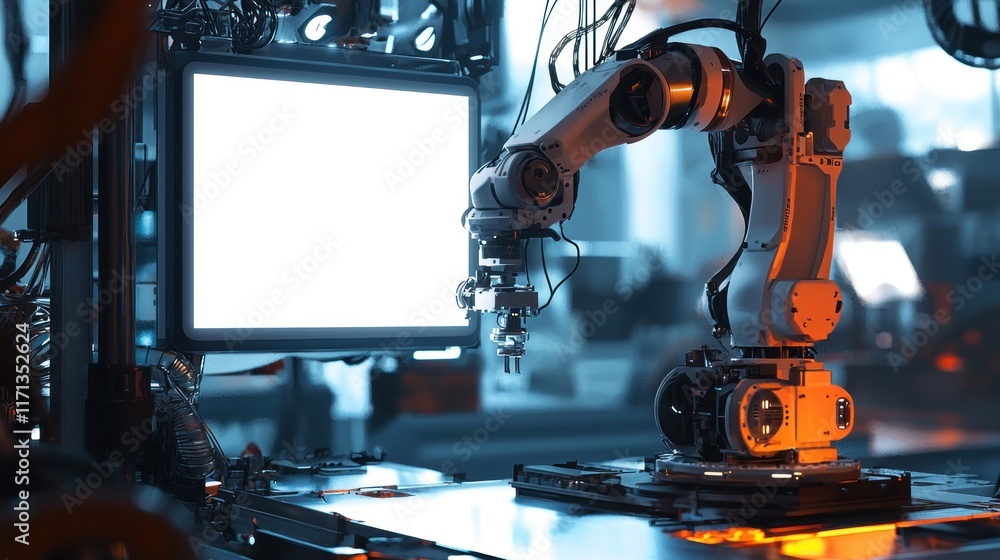 Poster industrial robotic arm with blank screen display in factory setting
