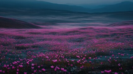 Desert blooms erupt after rare rainfall, kaleidoscope of colors spreads across arid terrain, wildflowers breathe life into barren sands, illuminated by soft morning light