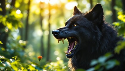 Majestic Black Wolf in Forest at Dawn