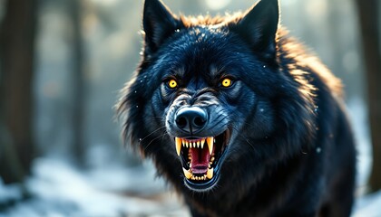 Obraz premium Majestic Black Wolf in Winter Forest: A Portrait of Wild Power