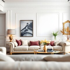 Fototapeta premium Minimalist White Living Room: Neutral Interior with Natural Decor and Bright Light