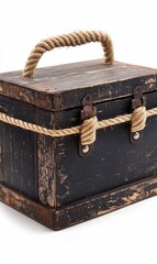 Black, rustic wooden box with rope handle and clasp.
