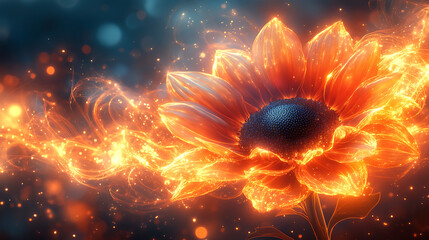 Fiery sunflower with glowing particles and smoke trails.