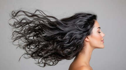 Naklejka premium Flowing Curly Hair of a Beautiful Woman in Profile with Windblown Effect and Soft Light on a Neutral Gray Background
