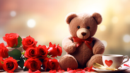 teddy bear with heart,  Cute fluffy Teddy bear with a pink heart and red rose, Adorable Teddy Bear With Roses And Heart Balloon Perfect For Valentines Day 