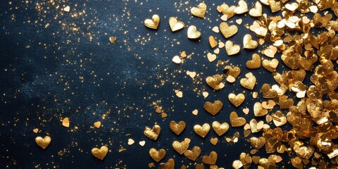 Golden hearts twinkle on a serene blue canvas, framed by a shimmering gold glitter border, capturing the essence of love and celebration.