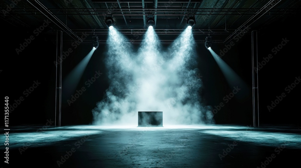 Poster mysterious atmosphere with fog, an abstract dark floor scene enveloped in mist, illuminated by a dra