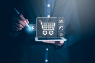 Businessman use tablet with Optimized digital commerce strategies for seamless online shopping,...