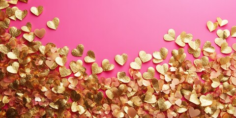 Fototapeta premium A delightful pink backdrop adorned with shimmering gold hearts, perfect for celebrating love and affection this Valentine's Day.