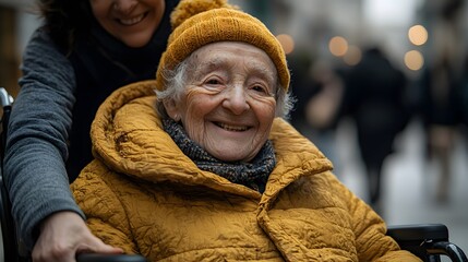 Close up of an elderly person joyfully smiling while being pushed in a wheelchair by a family member during a morning walk through an urban setting  Demonstrating care support